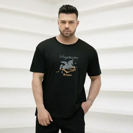 胖哥哥黑金轻奢系列大码男士短袖加肥加大宽松纯棉休闲刺绣T恤男图片