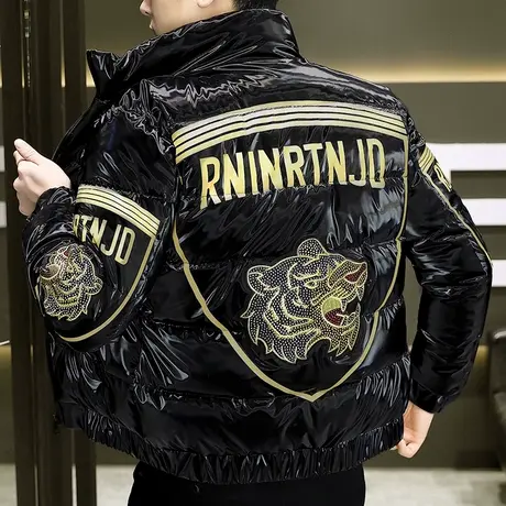 冬季男士潮牌欧洲站棉衣外套立领亮面烫钻棉袄加厚保暖棉服冬装潮图片