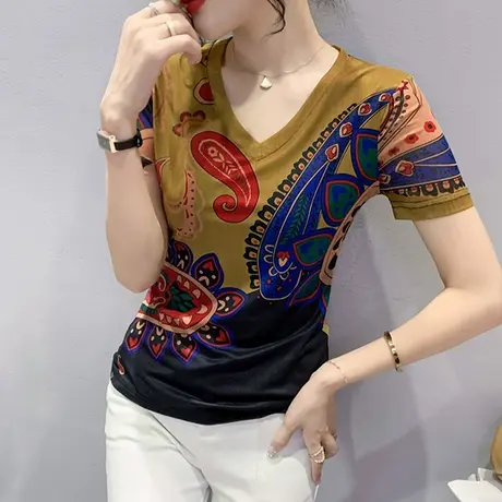 夏季性感V领短袖T恤女时尚洋气个性上衣欧货设计感印花体恤小衫潮商品大图