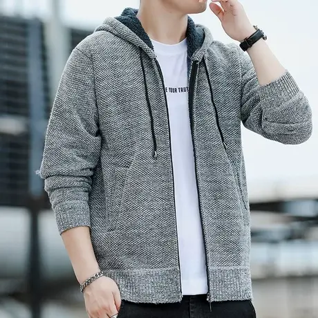 男外套春秋款潮牌连帽针织衫上衣服加绒加厚青少年帅气秋冬夹克男商品大图