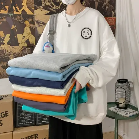 无帽卫衣男春秋季ins潮牌百搭新款宽松港风青年打底休闲笑脸外套商品大图