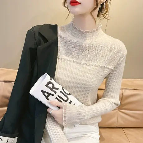 钉珠洋气蕾丝打底衫女内搭2023年早春装半高领修身百搭针织衫上衣图片