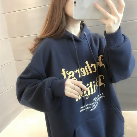 中长款字母印花女加绒卫衣2023年秋冬新款韩版连帽加厚上衣保暖潮商品大图