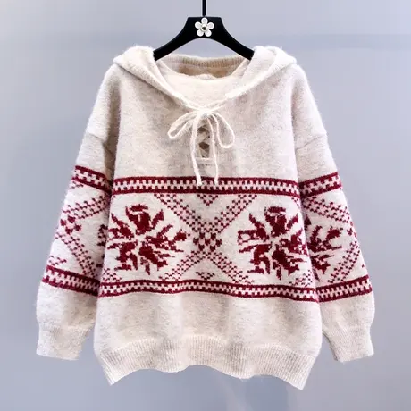 圣诞新年复古提花连帽毛衣女秋冬2023新款宽松慵懒风加厚针织衫商品大图
