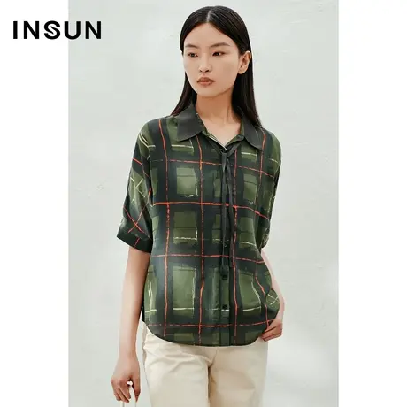 INSUN恩裳线上专选夏季格纹蝙蝠袖桑蚕丝衬衫图片