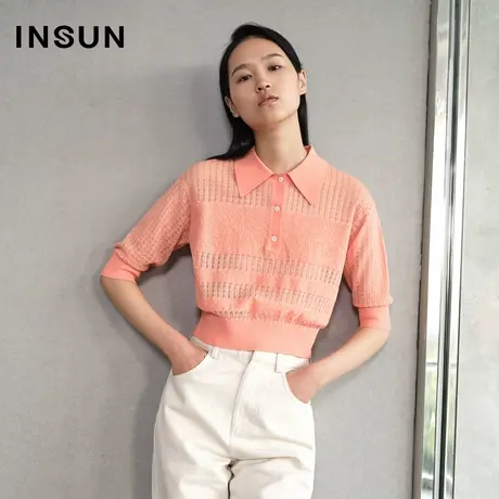 INSUN恩裳夏季镂空POLO领套头薄款毛针织衫图片