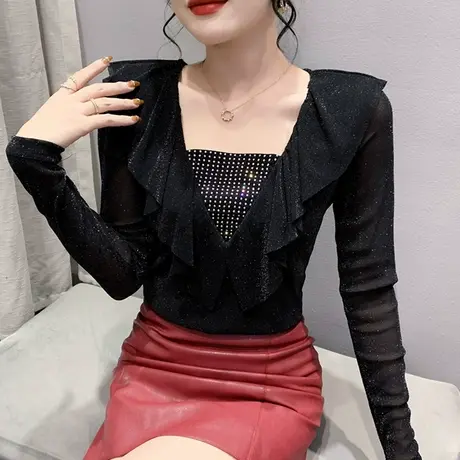 性感网纱T恤女长袖欧货春秋新款设计感烫钻上衣荷叶边气质小衫ins图片