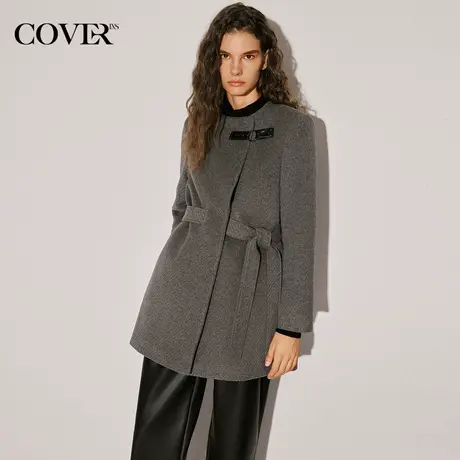 COVER冬季绑带夹棉圆领毛呢外套商品大图