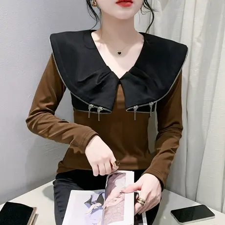 气质减龄翻领T恤女长袖设计感拉链撞色上衣洋气修身透气打底衫ins商品大图