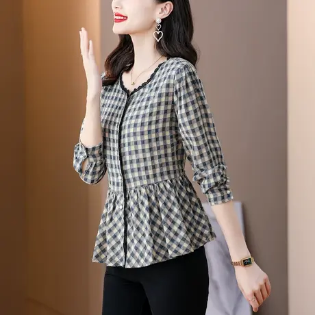 2023秋季新款圆领蕾丝长袖衬衫女时尚百搭气质格子衬衣遮肚子小衫商品大图