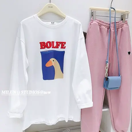 韩国东大门长袖上衣ins俏皮可爱T恤衫春秋款白色内搭中长款休闲商品大图