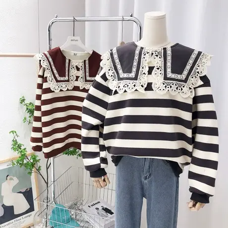 2021秋冬新款韩国东大门chic复古甜美蕾丝娃娃海军领条纹加绒卫衣图片