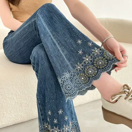 钉珠牛仔裤女春秋新款2023年高腰弹力修身显瘦设计感马蹄微喇叭裤图片