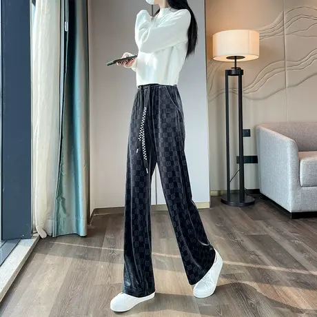 灰色金丝绒阔腿裤女春秋新款高腰垂感直筒宽松显瘦字母休闲拖地裤图片