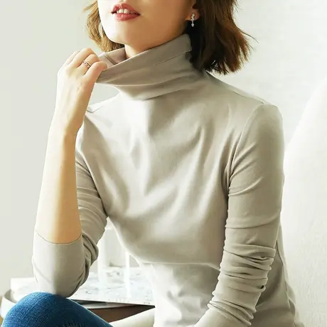 2023春装新款半高领长袖T恤女洋气内搭堆堆领针织黑色打底衫上衣商品大图