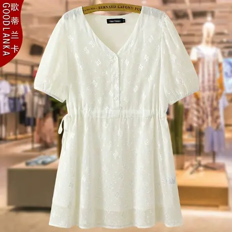 加肥加大码夏装中长款T恤裙女新款洋气中年胖妈妈V领提花短袖上衣图片