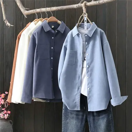 2021年秋季韩版简约复古文艺百搭白色长袖衬衫女学生宽松上衣外套商品大图