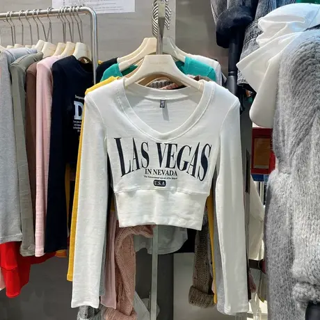 韩国东大门秋季2023新款V领字母印花百搭短款修身显瘦长袖t恤女潮商品大图