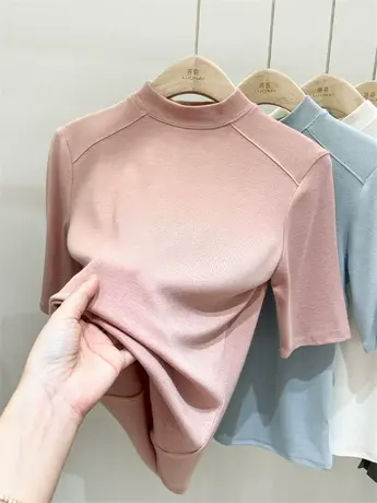 半高领短袖t恤女夏季2023新款中袖七分袖粉色修身上衣女打底衫潮商品大图