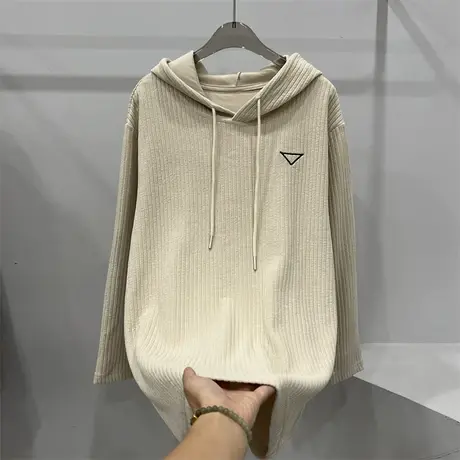 欧货宽松大版竖条纹针织复合连帽卫衣女中长款秋冬季加厚帽衫上衣商品大图