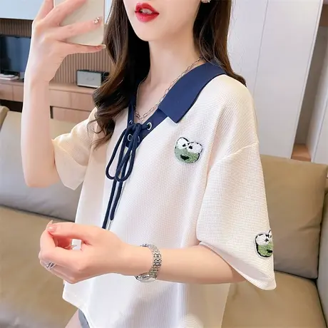 小众设计感短袖t恤女2023新款夏季韩版宽松小个子翻领短款上衣服图片