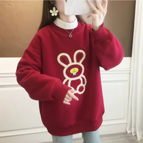 半高领卫衣女秋冬季韩版宽松加绒加厚本命年红色兔子上衣过年外套商品大图