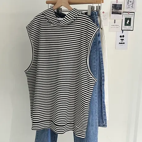 条纹无袖连帽卫衣女春秋季宽松显瘦百搭叠穿坎肩背心马甲上衣潮商品大图
