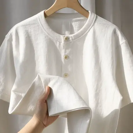 美式复古亨利领胖mm显瘦百搭纯色上衣ins大码设计感温柔t恤短袖夏商品大图