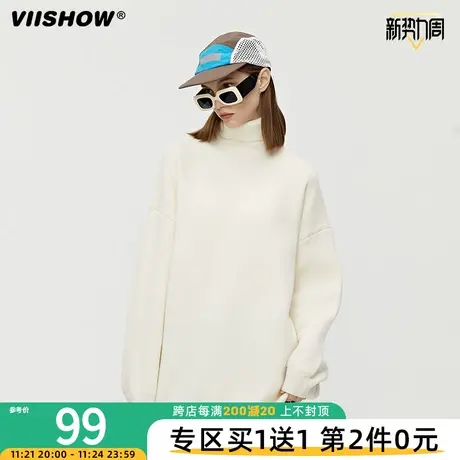 VIISHOW毛衣男士秋冬潮牌纯色高领长袖宽松休闲情侣套头ins针织衫商品大图