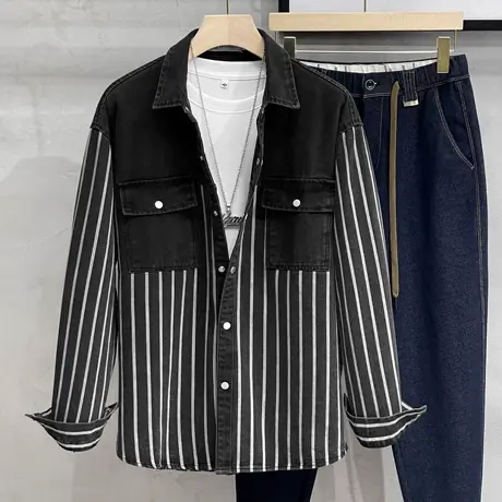 春秋新款牛仔条纹撞色长袖衬衫外套男宽松日系休闲韩版工装衬衣商品大图