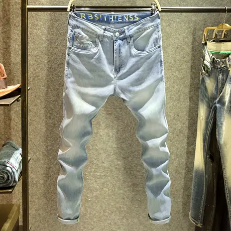 浅蓝色夏季薄款牛仔裤男士潮流百搭修身小脚裤高端面料弹力长裤子商品大图