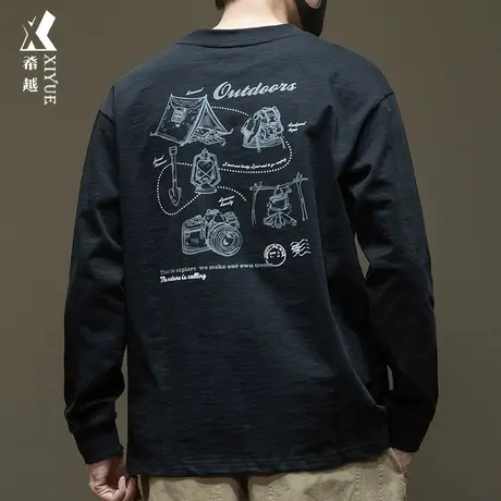 希越280g重磅竹节棉长袖t恤男后背航海元素印花春秋宽松大码男款商品大图