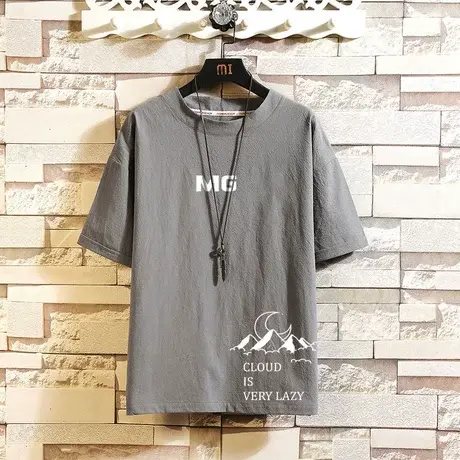 夏季潮流亚麻短袖t恤男士休闲时尚半袖上衣大码胖子百搭棉麻中袖商品大图