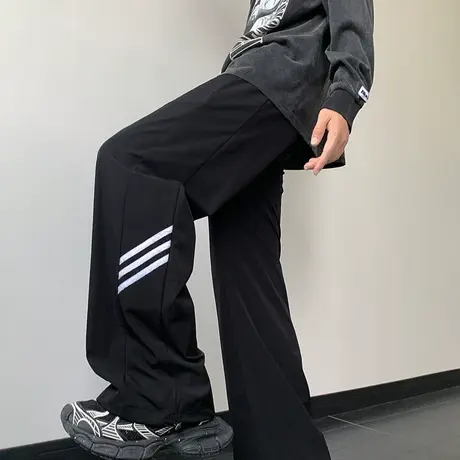 冰丝裤子男夏季薄款宽松直筒条纹设计抽绳速干裤美式运动休闲长裤商品大图