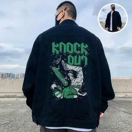 潮牌加大码男装印花翻领牛仔外套胖子秋季加肥国潮工装秋冬夹克男图片