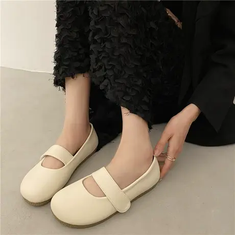 百搭浅口魔术贴单鞋女2023新款春秋季复古法式玛丽珍鞋软底豆豆鞋商品大图