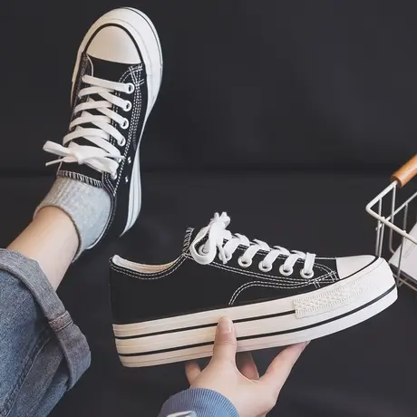 4CM厚底帆布鞋女2023春季新款休闲女鞋增高松糕百搭经典纯色板鞋图片