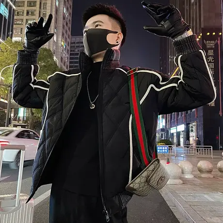 冬装新品潮牌明线拼接撞色格子棉服男款冬季修身立领小外套男棉衣图片