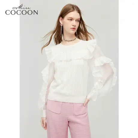 【秋上新】missCOCOON法式针织上衣2023秋新款女荷叶边拼接针织衫商品大图