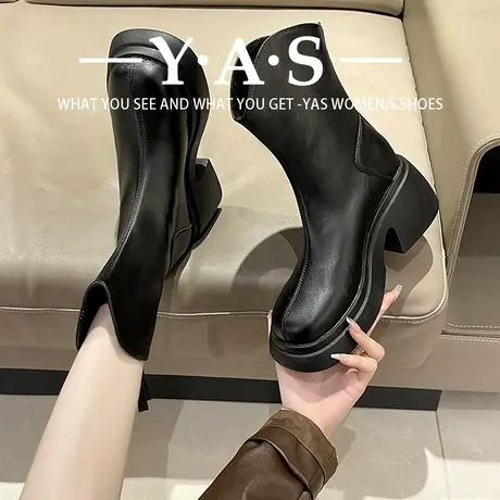 瘦瘦靴女粗跟2023秋冬英伦风烟管厚底短靴小个子增高弹力切尔西靴图片