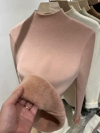 纯色百搭加绒加厚长袖针织衫女上衣2023秋冬新款一体绒打底衫毛衣商品大图