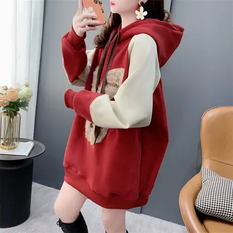 中长款减龄小熊加绒连帽卫衣女2023年新款冬季宽松洋气高级感外套商品大图