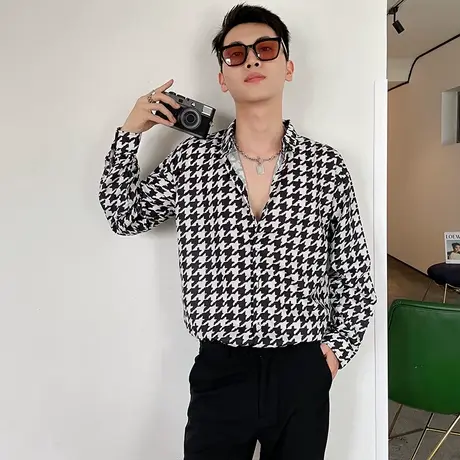 高级感长袖衬衫男潮牌雅痞千鸟格上衣休闲秋季潮流发型师衬衣男装图片