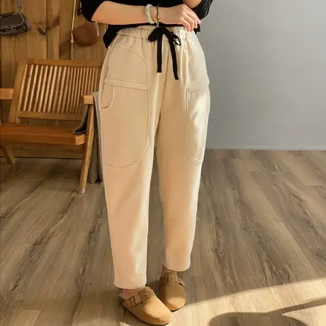 dza 高腰显瘦加绒哈伦裤子女秋冬外穿运动卫裤宽松休闲阔腿直筒裤商品大图