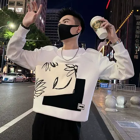 休闲卫衣男春秋季新款美式潮牌个性拼接高级感打底t恤衫男装上衣商品大图