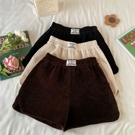 短裤女秋冬2023新款韩版大码松紧腰灯芯绒阔腿裤宽松A字靴裤外穿商品大图