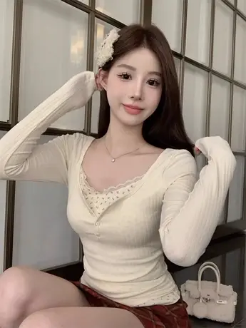 大码辣妹假两件拼接碎花长袖上衣女秋季新款胖mm打底衫设计感T恤商品大图