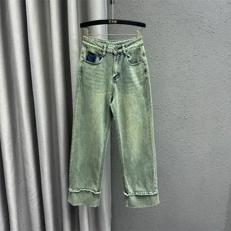 怀旧复古牛仔阔腿裤女2024春季新款撞色高腰显瘦休闲直筒裤长裤潮商品大图