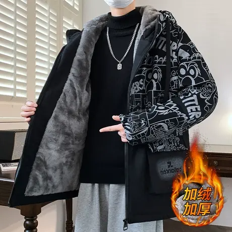 冬季外套男加绒加厚潮牌字母夹克男连帽休闲帅气冬装青少年派克服商品大图
