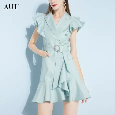 AUI绿色设计感西装连衣裙女2023夏新款小众职业荷叶边修身中长裙图片